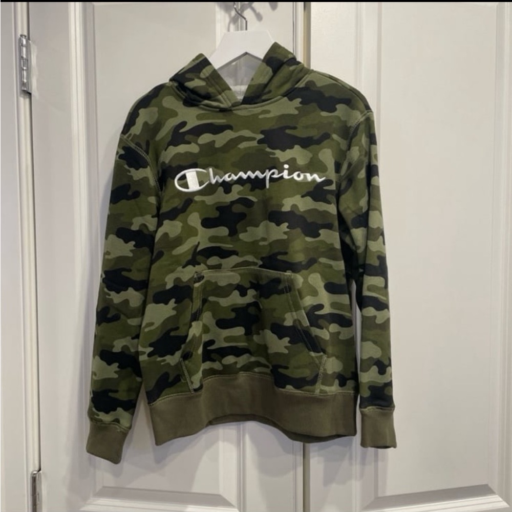 Champion Hooded Fleece Lined Sweatshirt Camo Boys Medium
